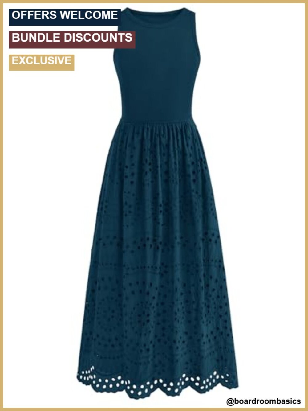 Sleeveless Lace Eyelet Cotton Tank Maxi Dress A-Line Fit Flare Pockets